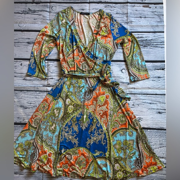 Paisley Wrap Dress in Blue and Orange - Picture 2 of 5